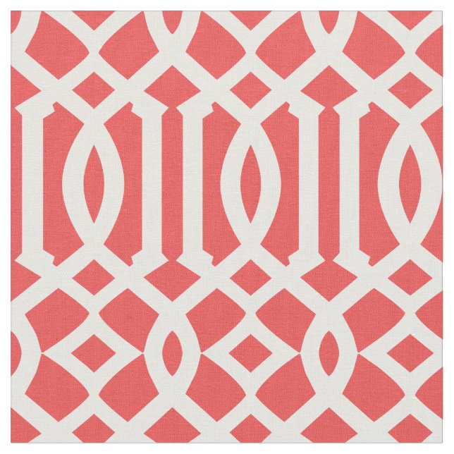 Chic Red and White Trellis Lattice Pattern Fabric (Close Up)