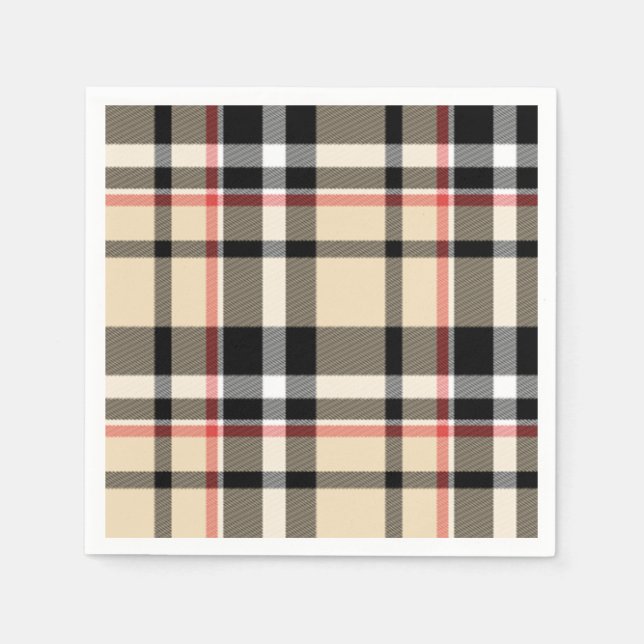 Chic Red Beige Black White Plaid Stripes Pattern Napkin (Front)