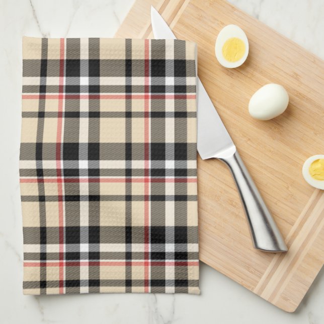 Chic Red Beige Black White Plaid Stripes Pattern Tea Towel (Quarter Fold)