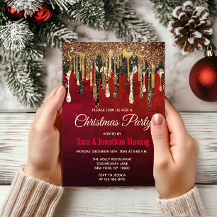 Chic red black and gold glitter drips Christmas  Invitation