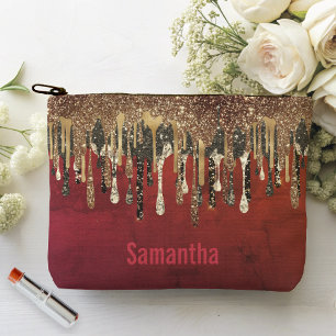 Chic red black and gold glitter drips monogram accessory pouch