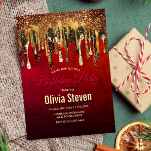Chic red black and gold glitter drips monogram  invitation