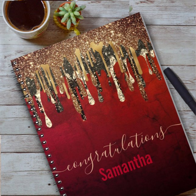 Chic red black and gold glitter drips monogram  notebook (Creator Uploaded)