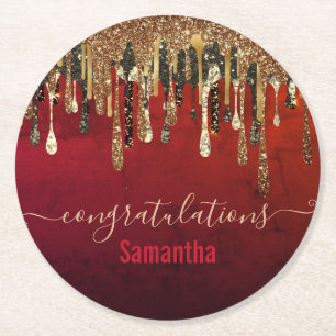 Chic red black and gold glitter drips monogram pap round paper coaster