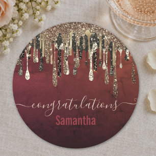 Chic red black and gold glitter drips monogram pap round paper coaster