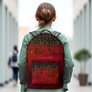 Chic red black and gold glitter drips monogram printed backpack