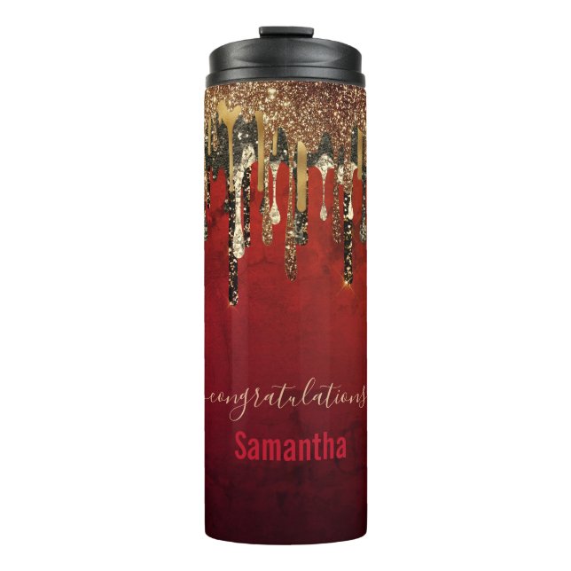 Chic red black and gold glitter drips monogram thermal tumbler (Front)
