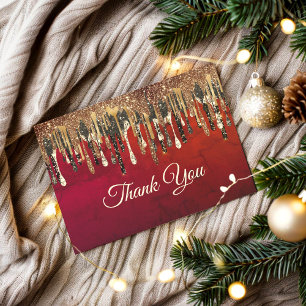Chic red black and gold glitter drips thank you card