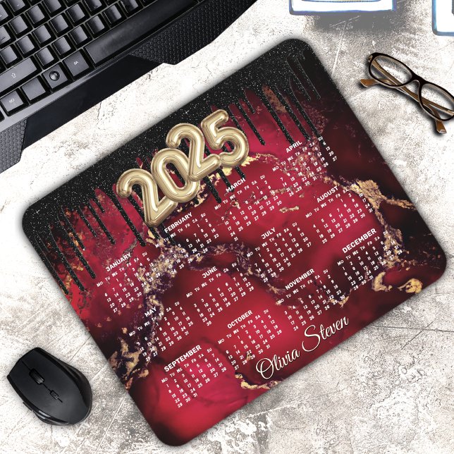 Chic red black drip glitter monogram 2025 calendar mouse pad (Creator Uploaded)