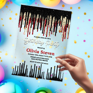 Chic red black drip glitter monogram birthday acrylic invitations