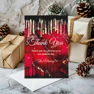 Chic red black dripping glitter monogram thank you card