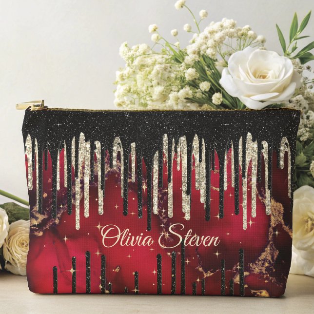 Chic red black drippings glitter monogram accessory pouch (Creator Uploaded)
