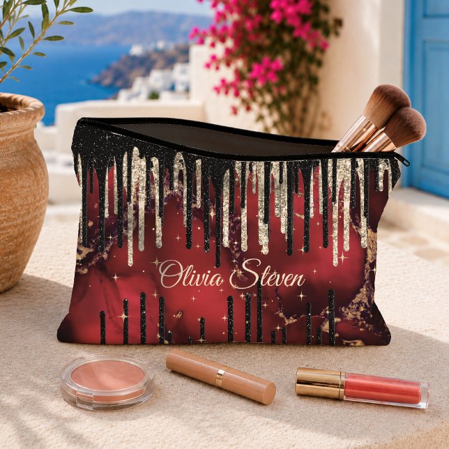 Chic red black drippings glitter monogram accessory pouch (Creator Uploaded)