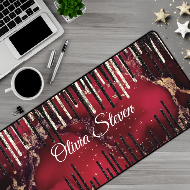 Chic red black drippings glitter monogram desk mat (Creator Uploaded)