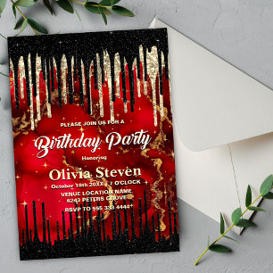 Chic red black drippings glitter monogram invitation