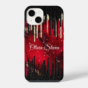 Chic red black drippings glitter monogram iPhone 14 case