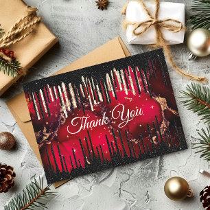 Chic red black drippings glitter monogram thank you card