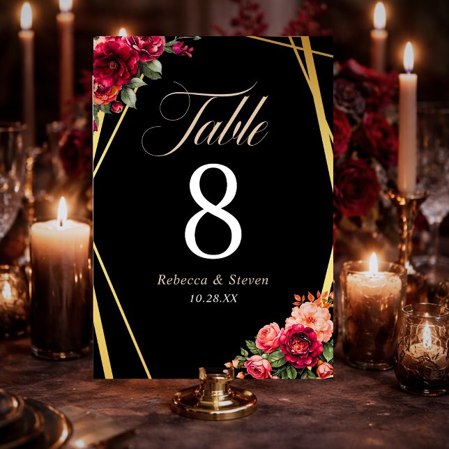 Chic red black floral wedding  invitation table number (Creator Uploaded)