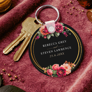 Chic red black floral wedding key ring
