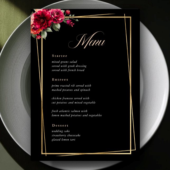 Chic red black floral wedding menu (Creator Uploaded)