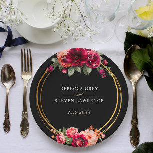 Chic red black floral wedding paper plate