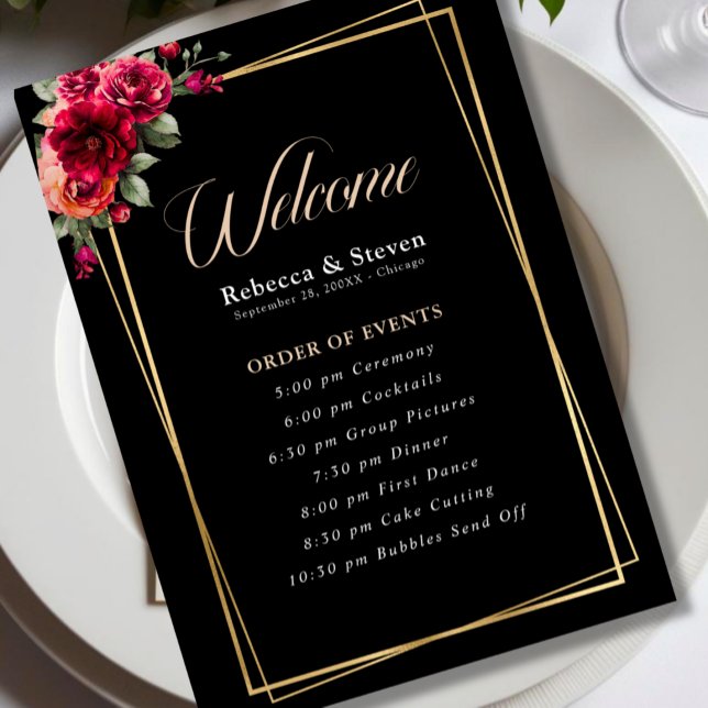 Chic red black floral wedding program  (Creator Uploaded)