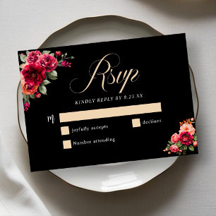 Chic red black floral wedding RSVP card