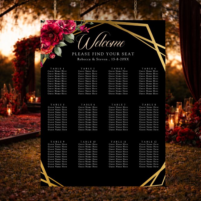 Chic red black floral wedding seating chart (Creator Uploaded)