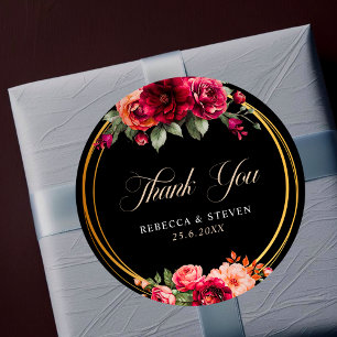 Chic red black floral wedding thank you classic round sticker