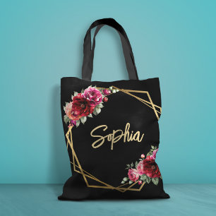 Chic red black floral wedding tote bag