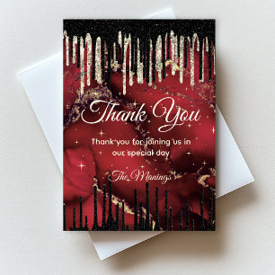 Chic Red Black Glitter Drip Monogram Thank You Card