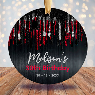 Chic Red Black Glitter Drips Birthday Ceramic Ornament