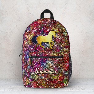Chic red black iridescent faux glitter unicorn printed backpack
