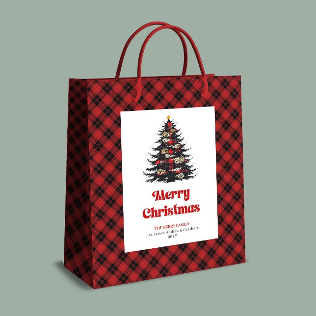 Chic red black plaid tree gift bag editable name (Chic red black plaid tree gift bag editable name)