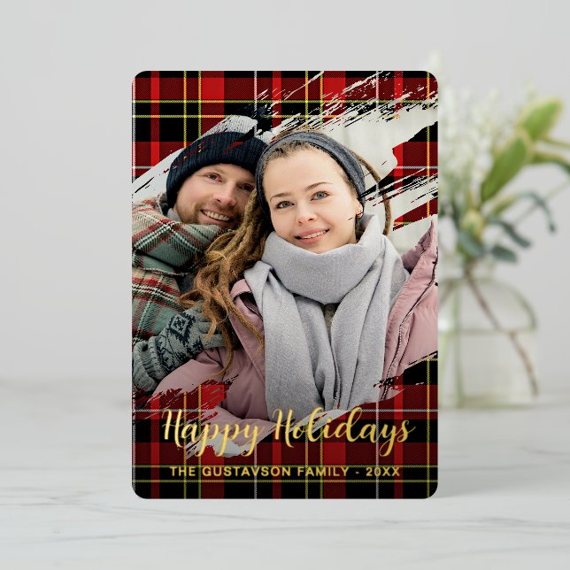 Chic Red Black Yellow White Plaid Pattern Gold Foil Holiday Card (Standing Front)