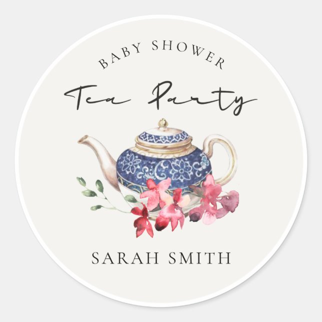 Chic Red Blue Floral Teapot Baby Shower Tea Party Classic Round Sticker (Front)