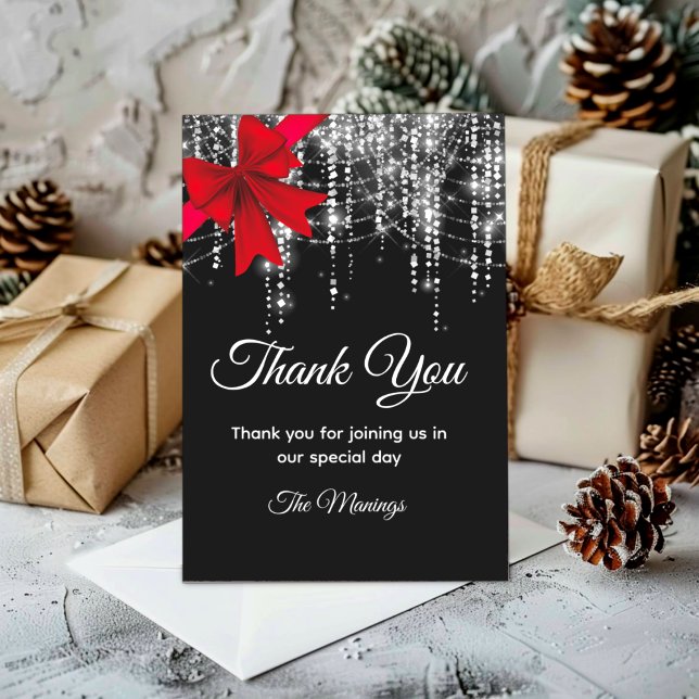 Chic red bow black silver faux glitter thank you card (Creator Uploaded)