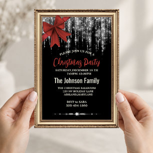 Chic red bow black silver holiday lights Christmas Invitation