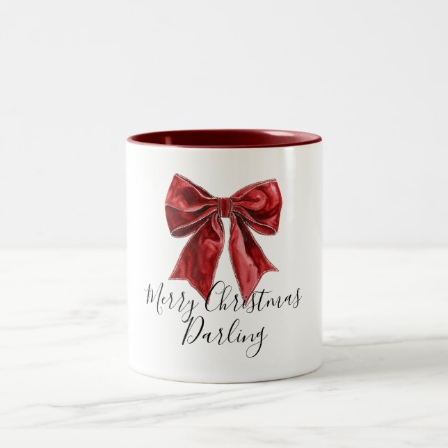 Chic Red Bow Personalised Christmas Two-Tone Coffee Mug (Center)