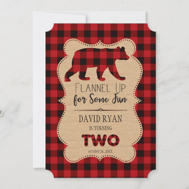 Chic Red Buffalo Plaid Birthday TWO Custom Invitation (Front)