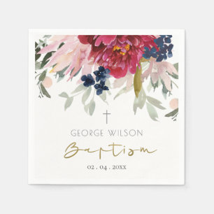 Chic Red Burgundy Blush Blue Gold Floral Baptism Napkin