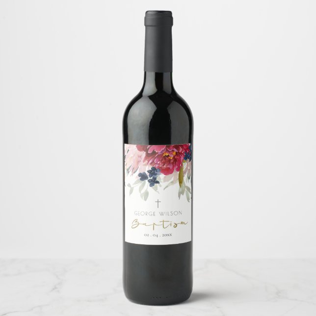 Chic Red Burgundy Blush Blue Gold Floral Baptism Wine Label (Front)