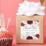Chic Red Burgundy Blush Pink Roses Floral Wedding Square Sticker<br><div class="desc">Personalise these elegant wedding square sticker labels with your own wording easily and quickly, simply press the customise it button to further re-arrange and format the style and placement of the text.  These chic labels features beautiful watercolor burgundy, blush pink roses and dainty green and gold foliage. Matching items available...</div>