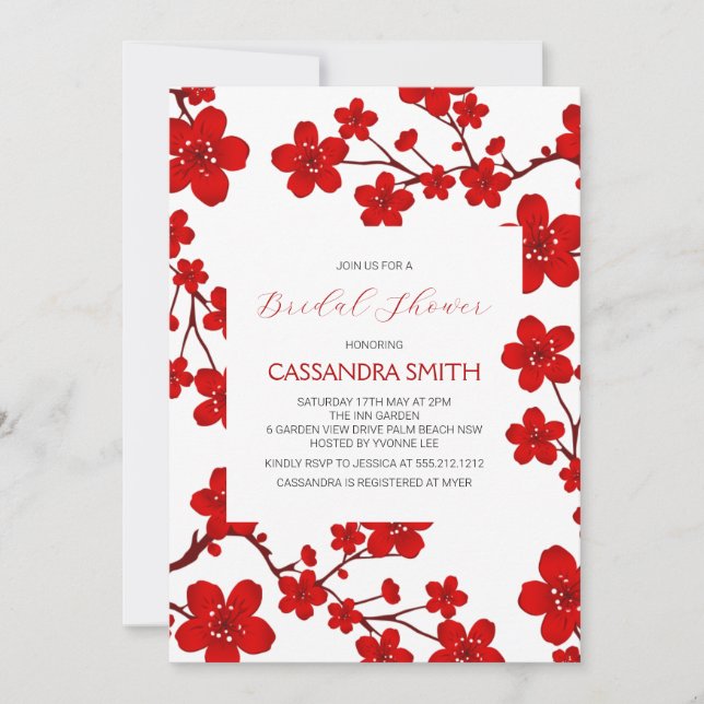 Chic Red Cherry Blossom Botanical Bridal Brunch Invitation (Front)