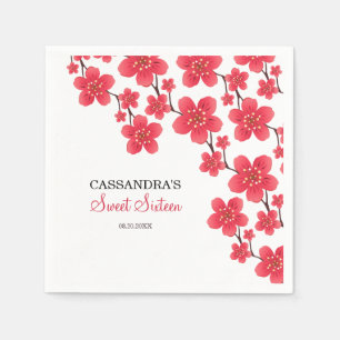 Chic Red Cherry Blossom Floral Botanical Birthday Napkin