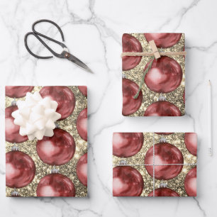 Chic Red Christmas Balls Gold Glitter Sparkles Wrapping Paper Sheet