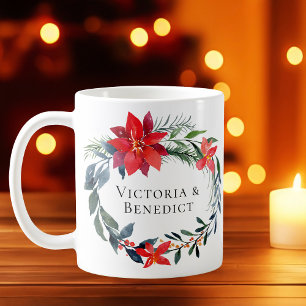 Chic Red Christmas Poinsettia Floral Wedding Coffee Mug