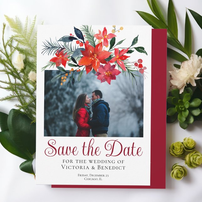 Chic Red Christmas Poinsettia Photo Save the Date Invitation (Creator Uploaded)