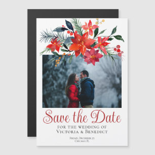 Chic Red Christmas Poinsettia Photo Save the Date Magnetic Invitation