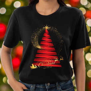 Chic Red Christmas Tree Gold Santa and Reindeer T-Shirt